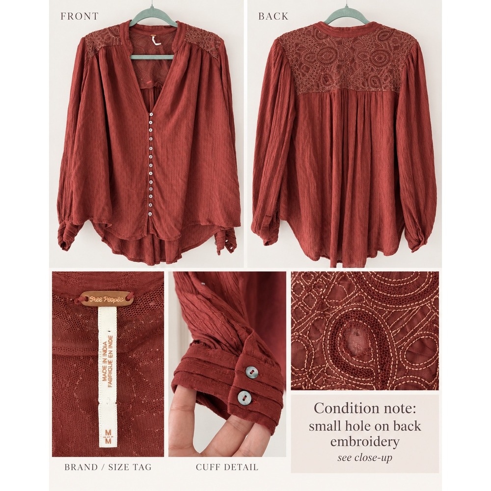 Free People M Rust Embroidered Boho Blouse Romantic Western Button Front